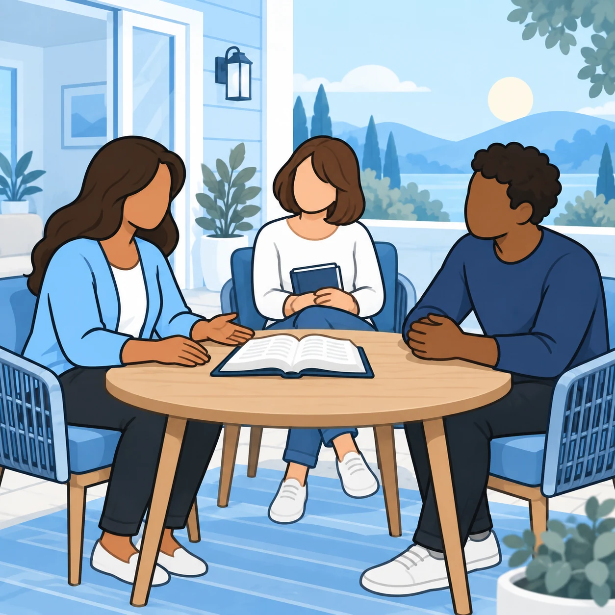 Three friends share Scripture and conversation around a table on a quiet patio.