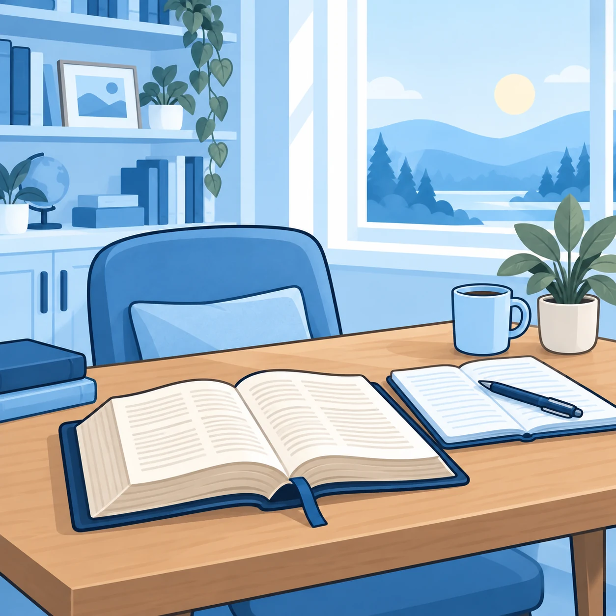 An open Bible and a notebook on a quiet desk beside a sunlit window.