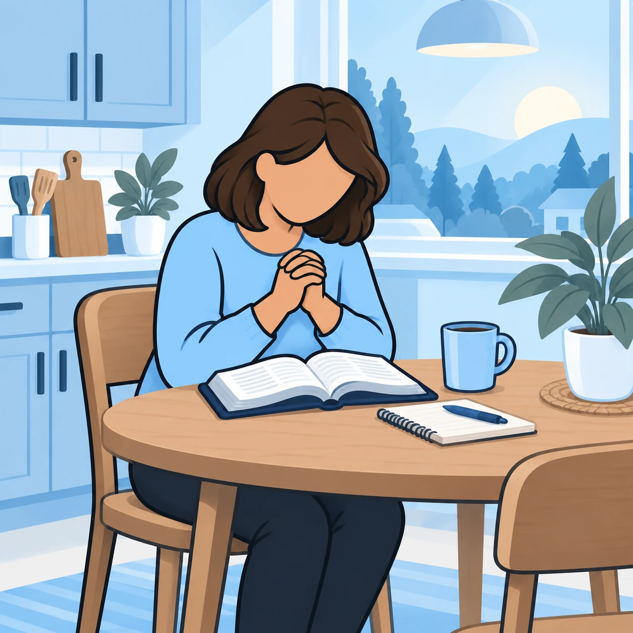 A woman takes a quiet moment to pray beside an open Bible at her kitchen table.