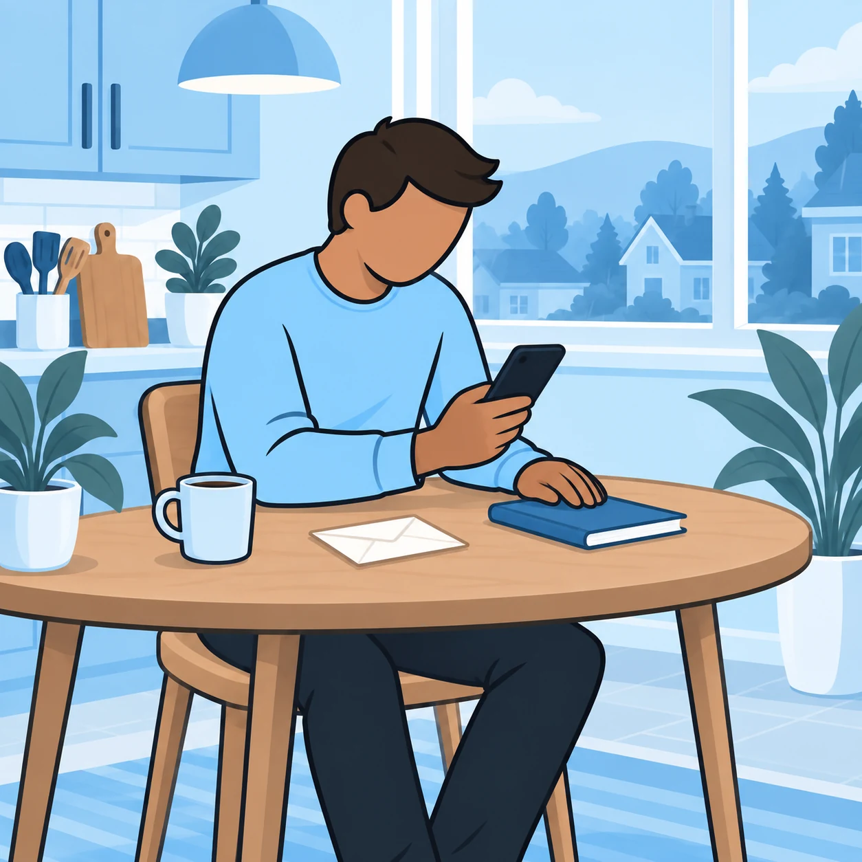 A man pauses with his phone at the kitchen table, ready to bring an honest question.