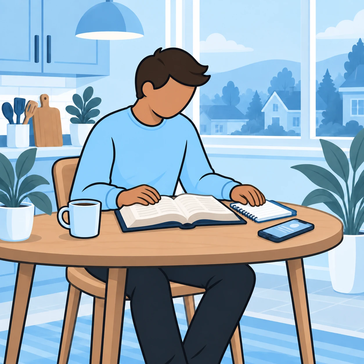 The same man reads an open Bible with a notebook and his phone beside him.