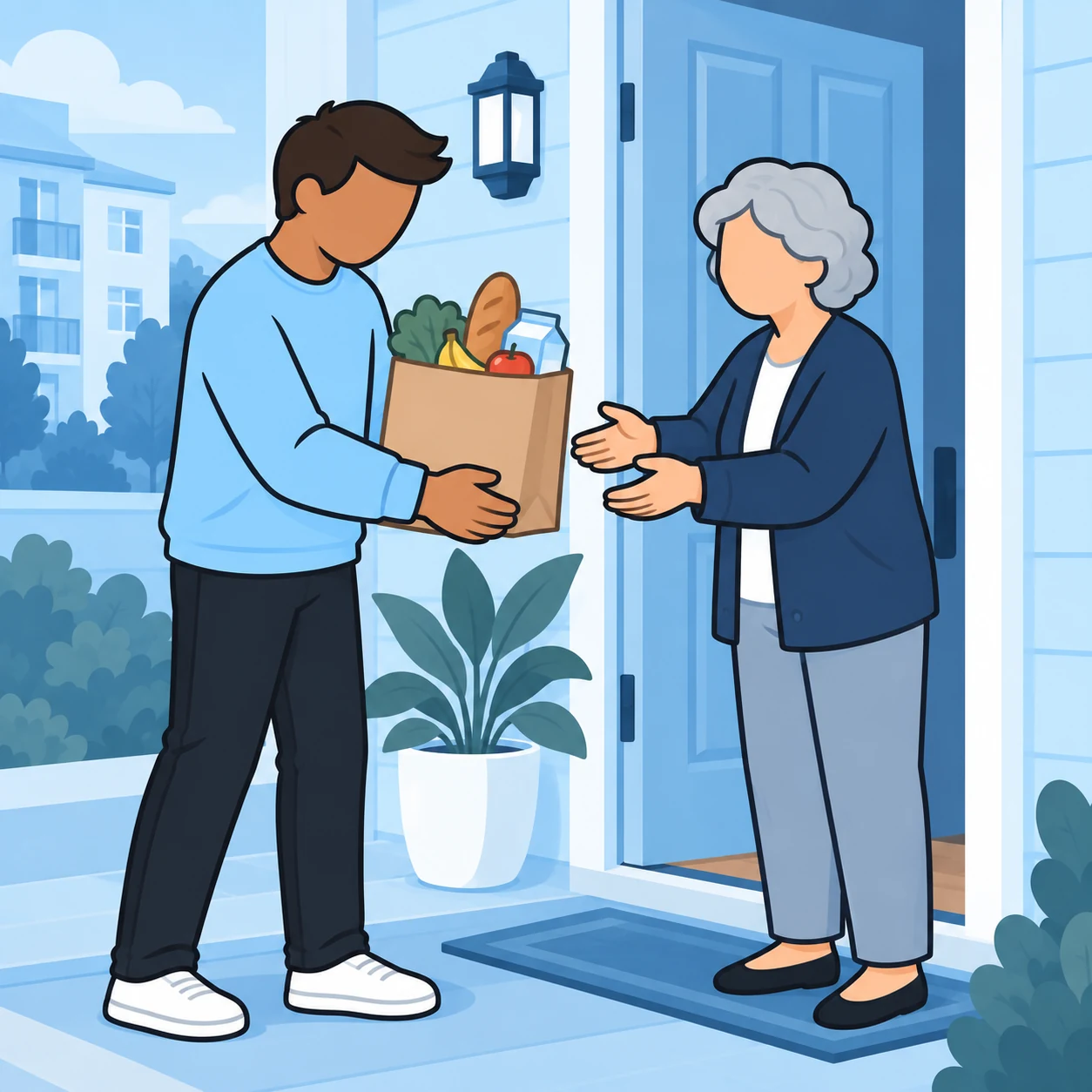 The man brings groceries to an older neighbor as a small act of care.