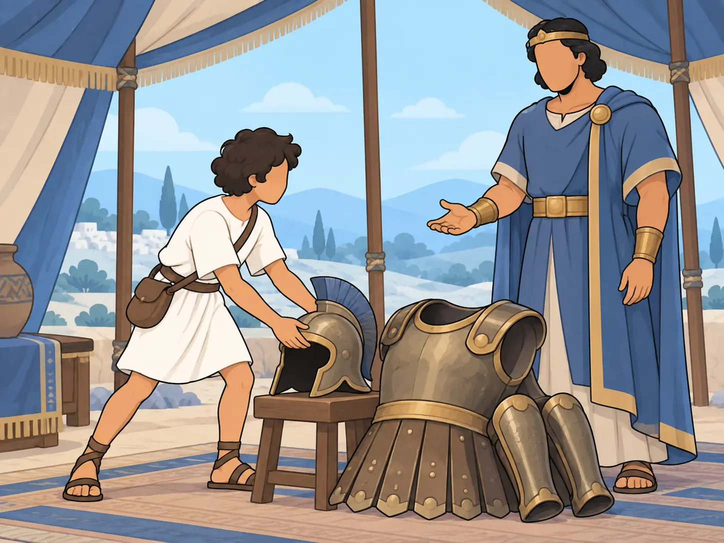 David sets aside Saul’s armor