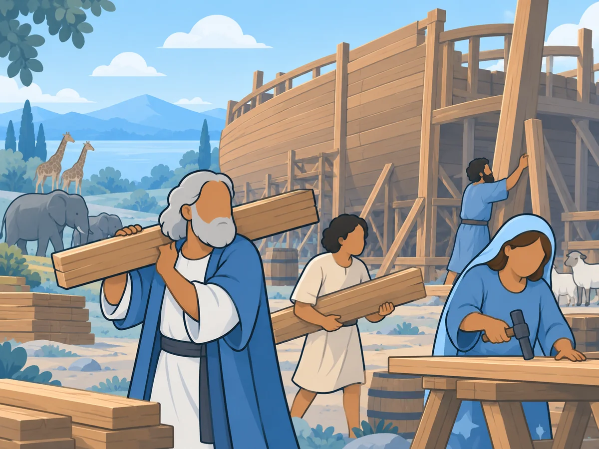 Noah and his family build the ark