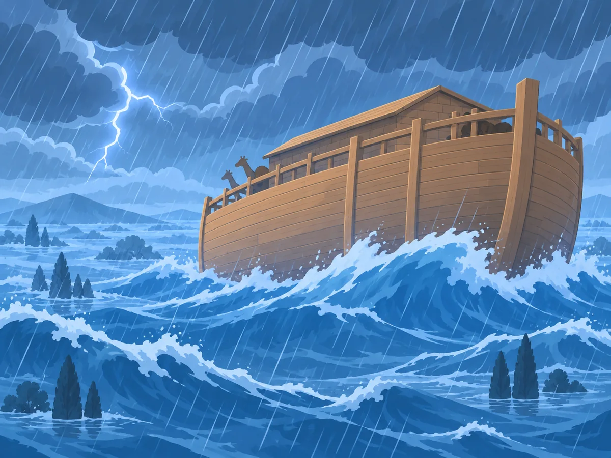 The ark rides through the flood