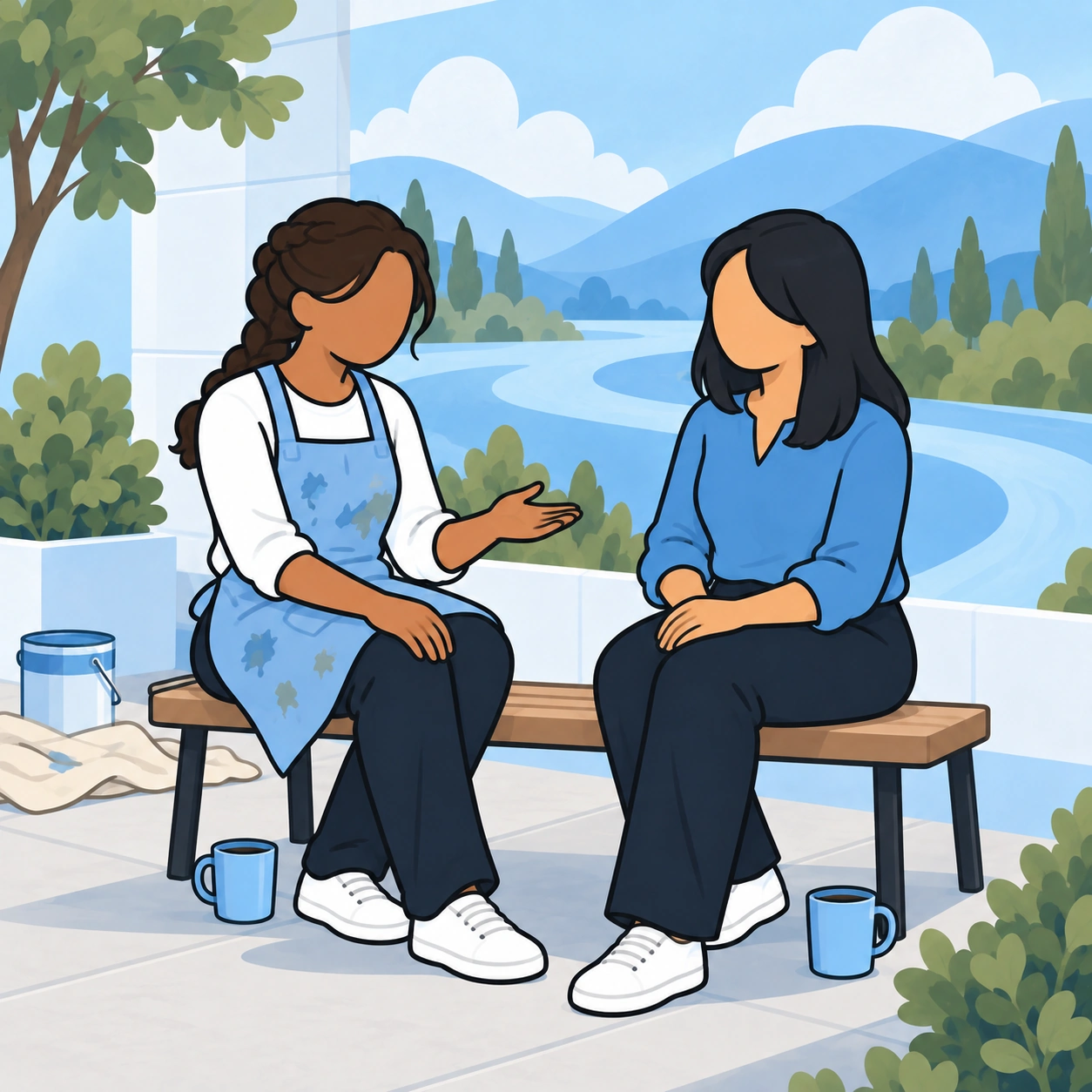 The painter talks with her friend beside the mural, considering the specific encouragement.