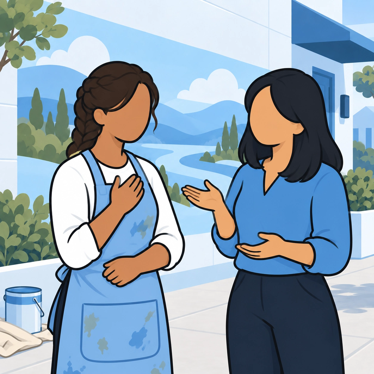 The painter receives her friend's compliment with a simple gesture of gratitude.