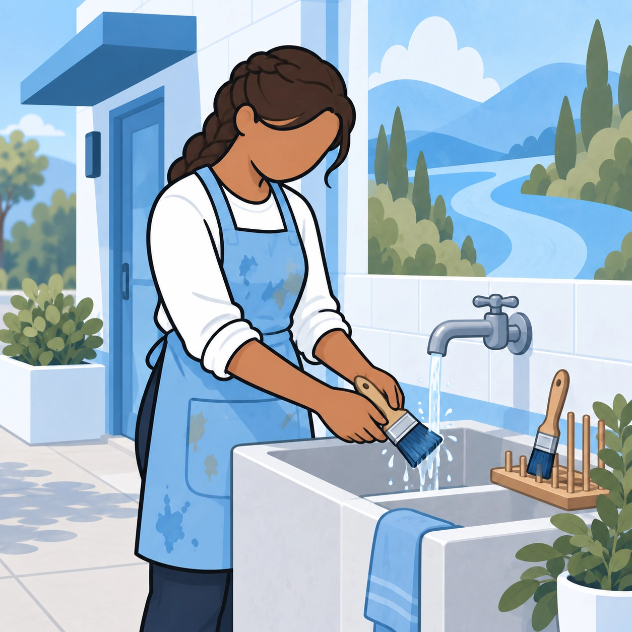 The painter quietly cleans her brush after receiving encouragement and sharing credit.