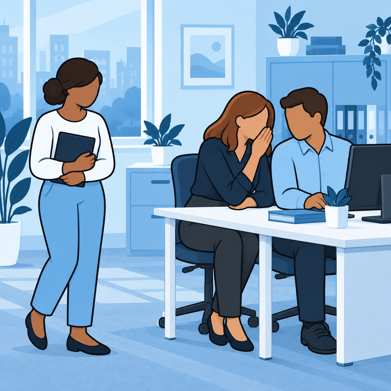 A woman pauses beside a desk where two coworkers are whispering.