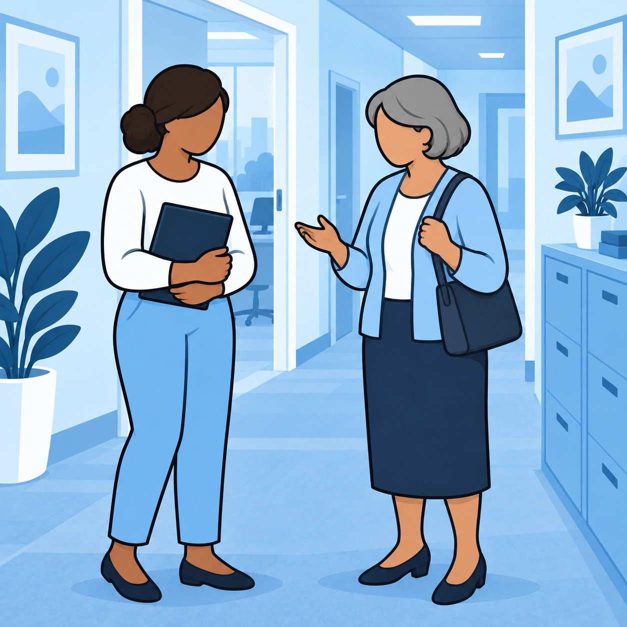 The woman listens to an older colleague in a quiet office hallway.
