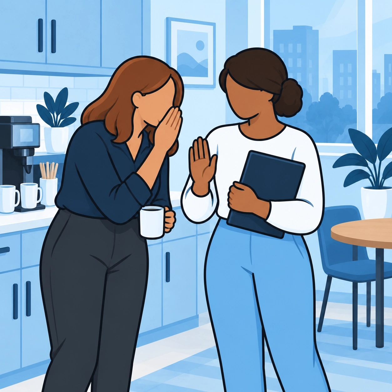 The woman raises a gentle stopping hand as a coworker leans toward her to whisper.