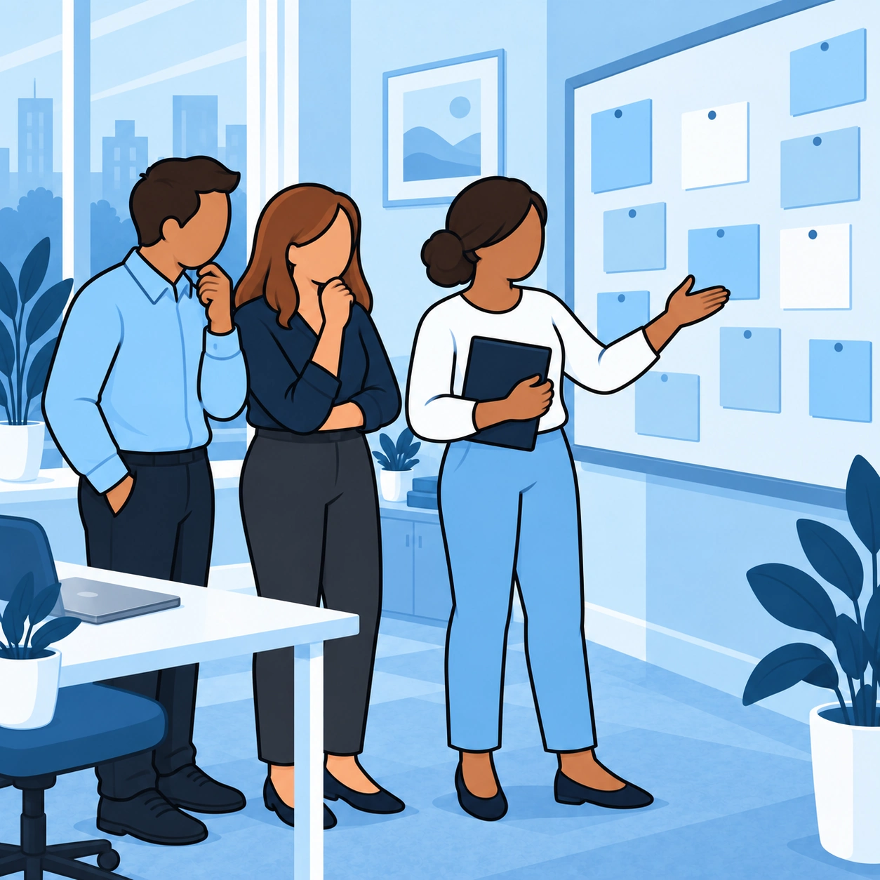The woman redirects two coworkers toward a project board with blank cards.