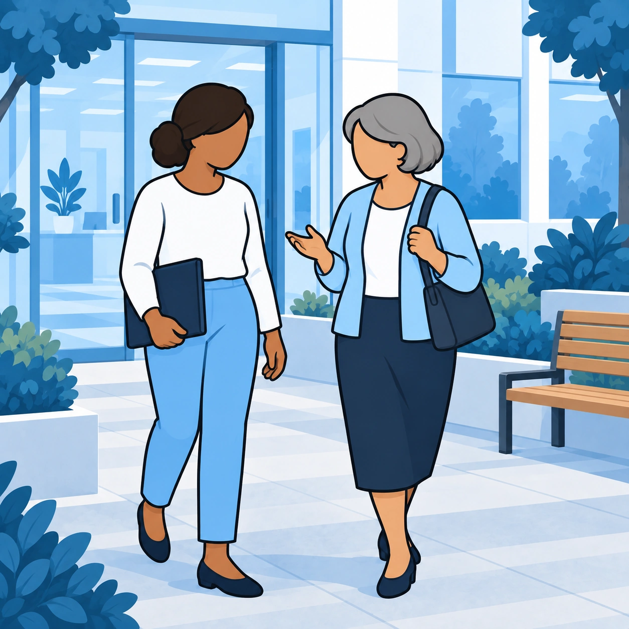 The woman and her older colleague talk as they walk out of the office.