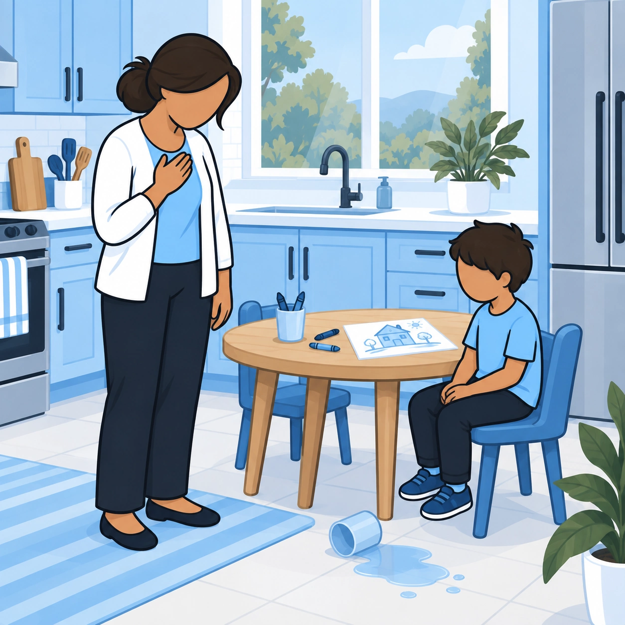 A mother pauses beside her quiet son at a drawing table after a cup of water has spilled.