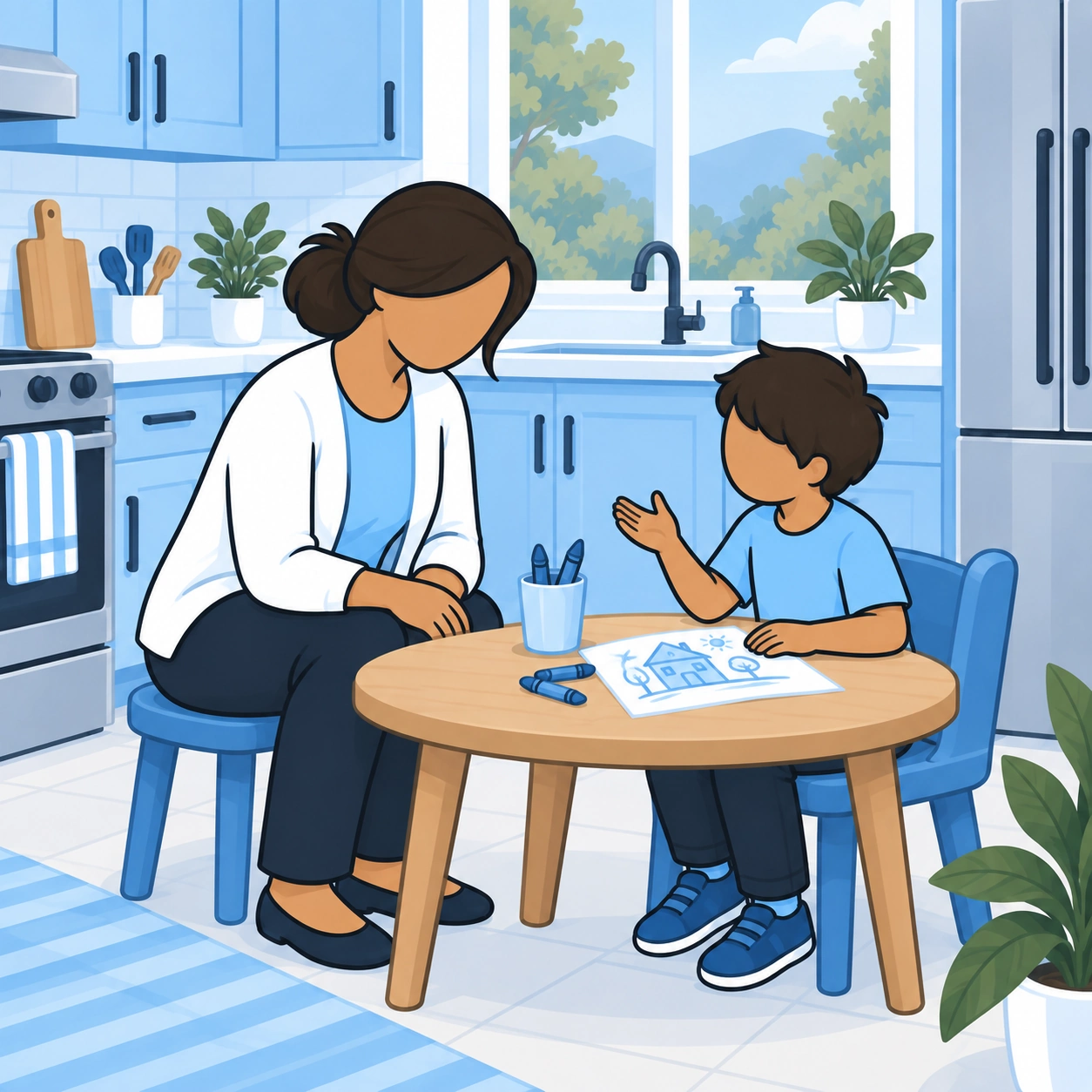 A mother sits at her son's level and listens while he speaks beside his drawing.