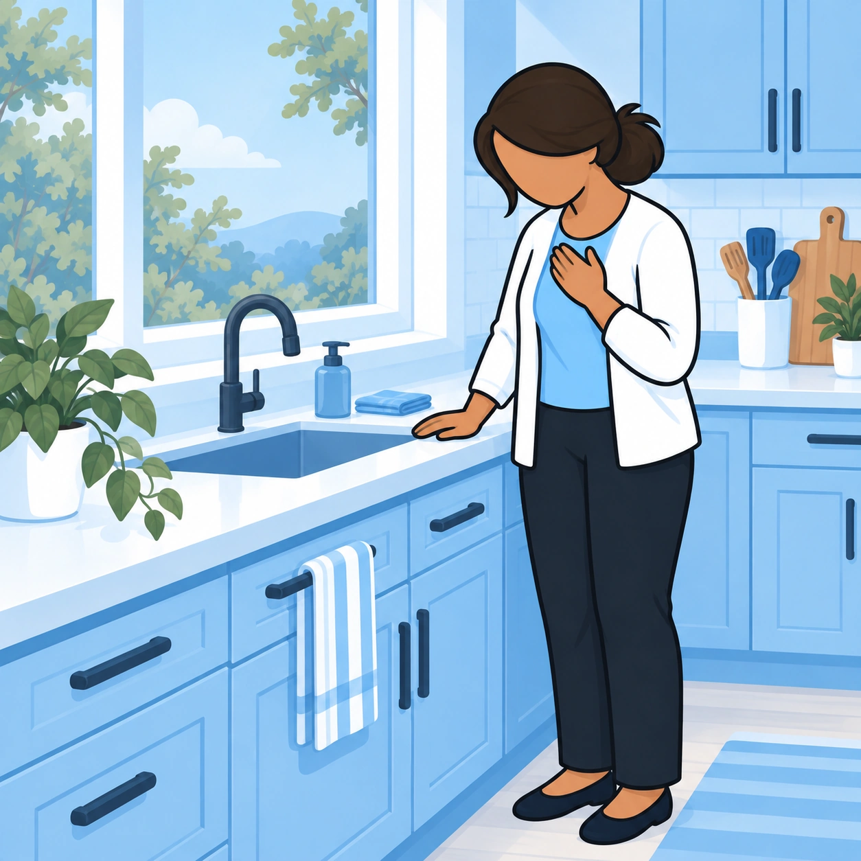 A mother takes a quiet moment beside the kitchen sink to settle herself.