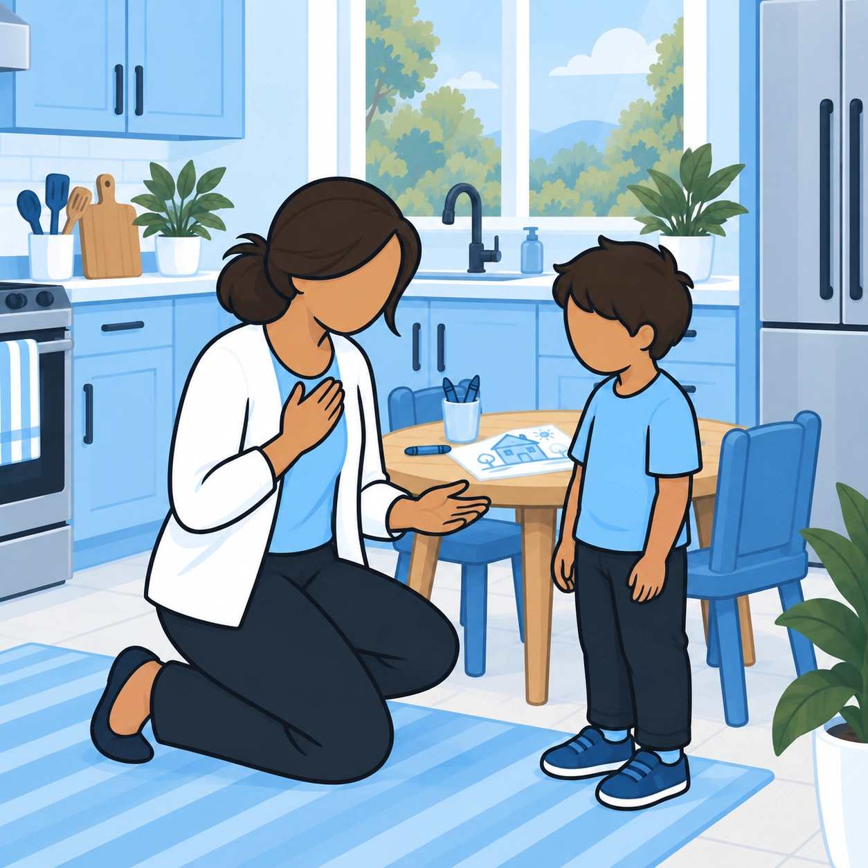 A mother kneels at her son's level with an open hand as she apologizes.