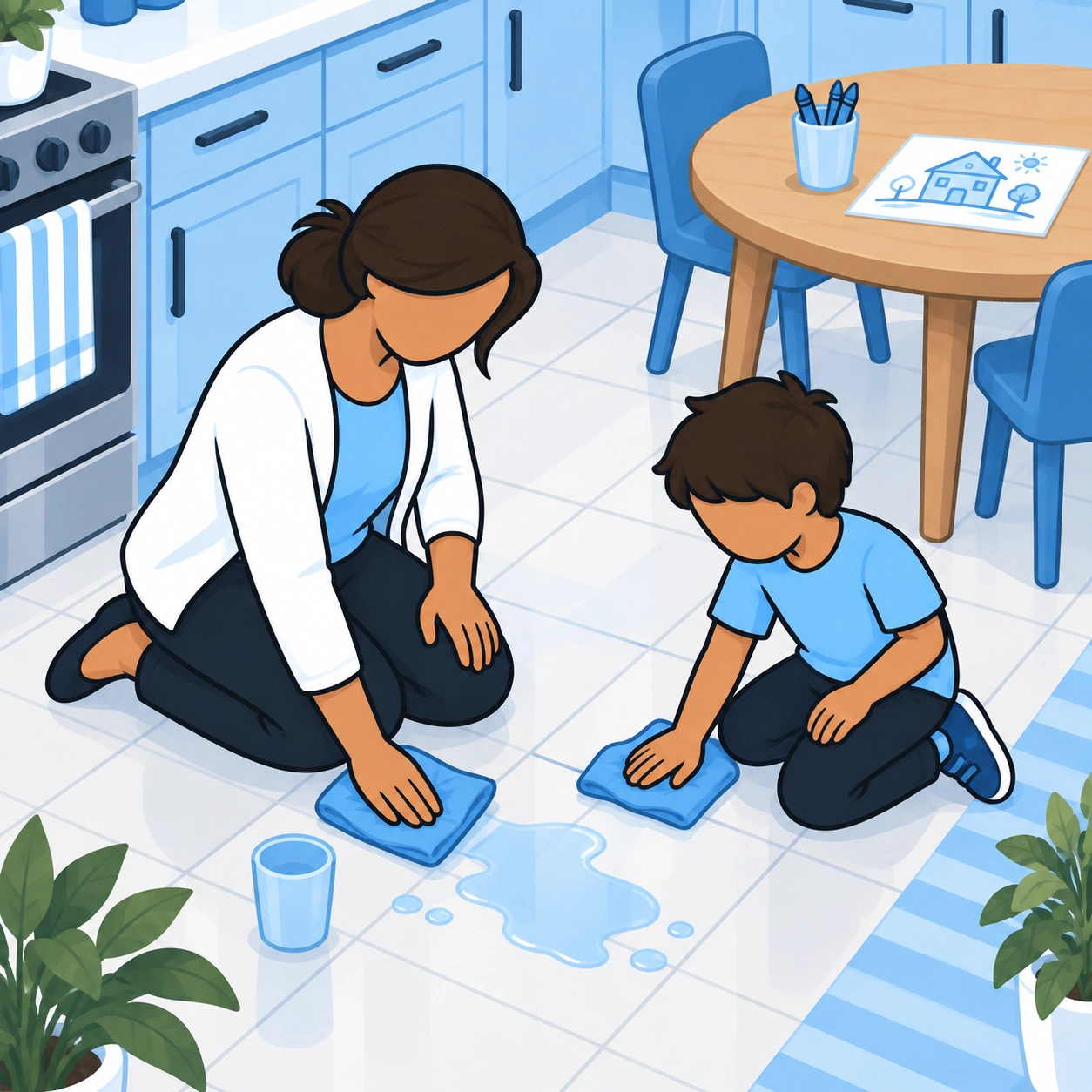 A mother and son wipe up spilled water together while his drawing stays dry on the table.