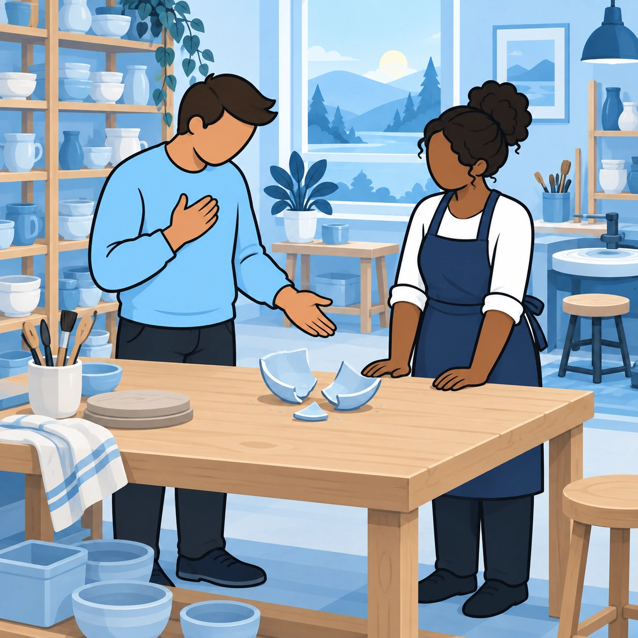 A man acknowledges a broken bowl while its maker listens in her pottery studio.