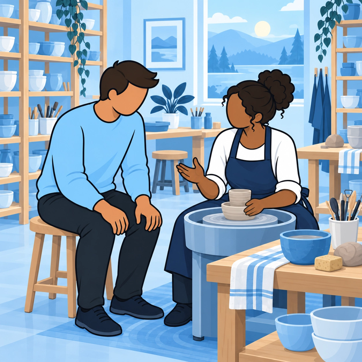 He listens to the potter as she explains beside her wheel.