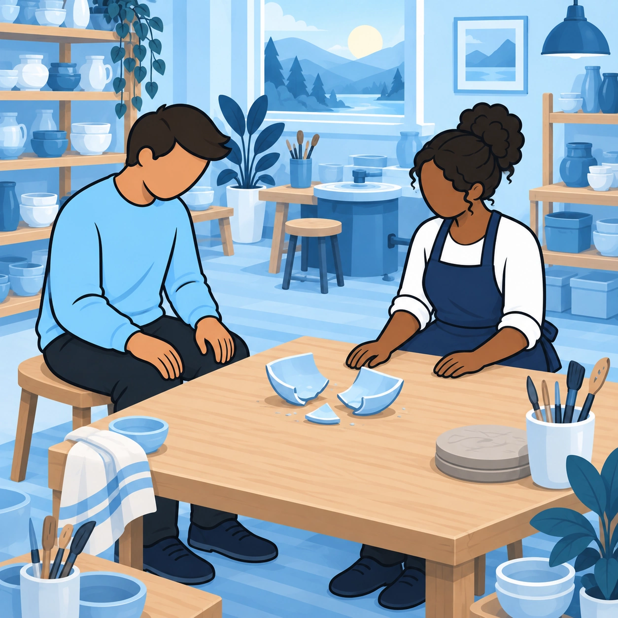 They pause quietly beside the pieces of the broken bowl.