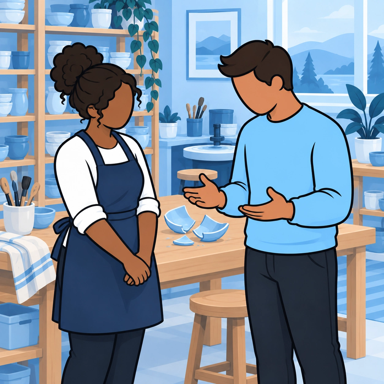He offers a calm apology with open hands while the potter listens.
