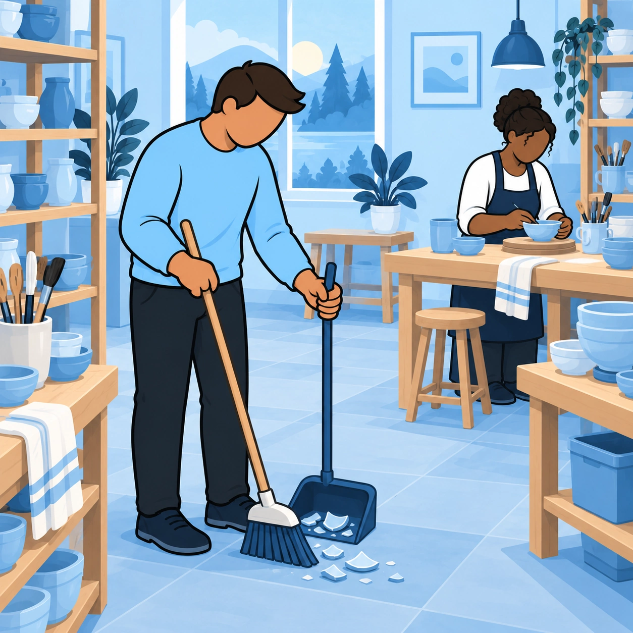 He sweeps pottery fragments into a dustpan while the potter continues her work.