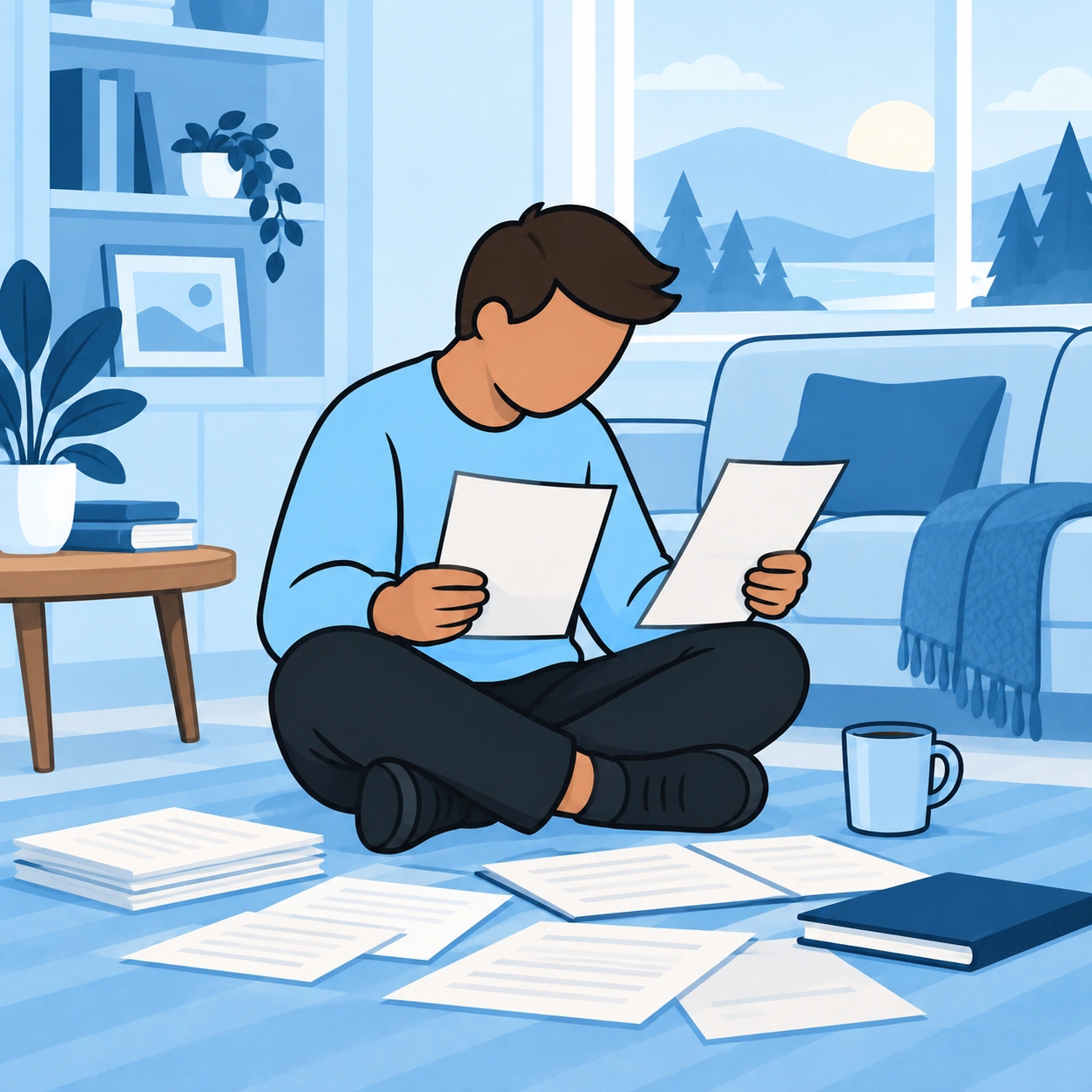 A man sits on the floor surrounded by papers, comparing two pages.