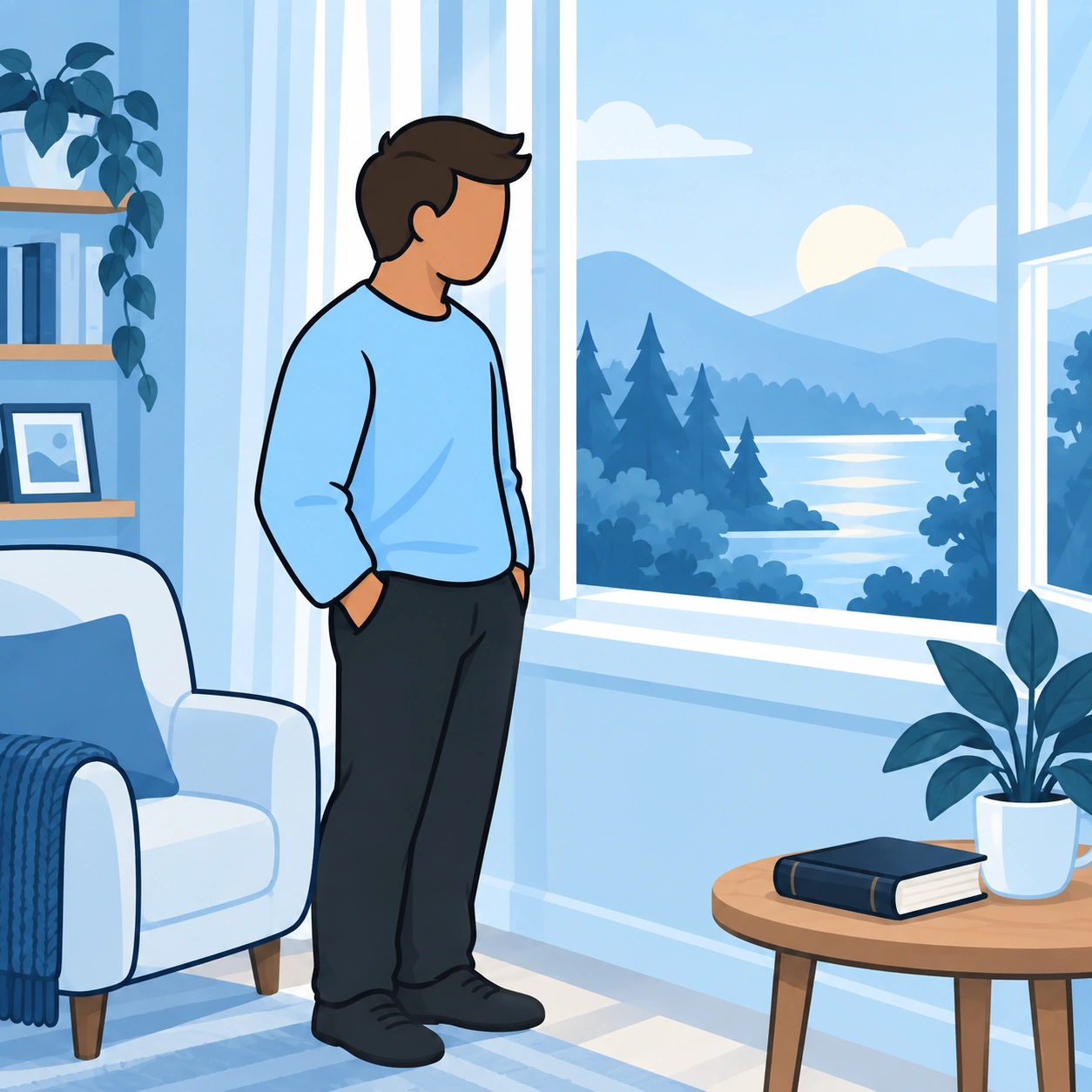 He pauses by an open window with his hands relaxed.