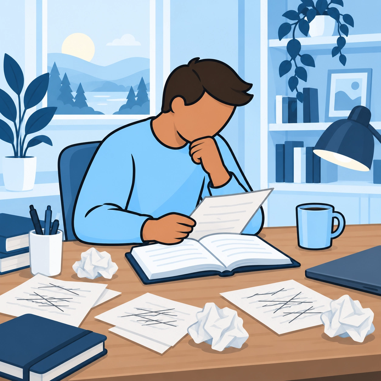 He studies another page at a desk covered with crossed-out drafts.