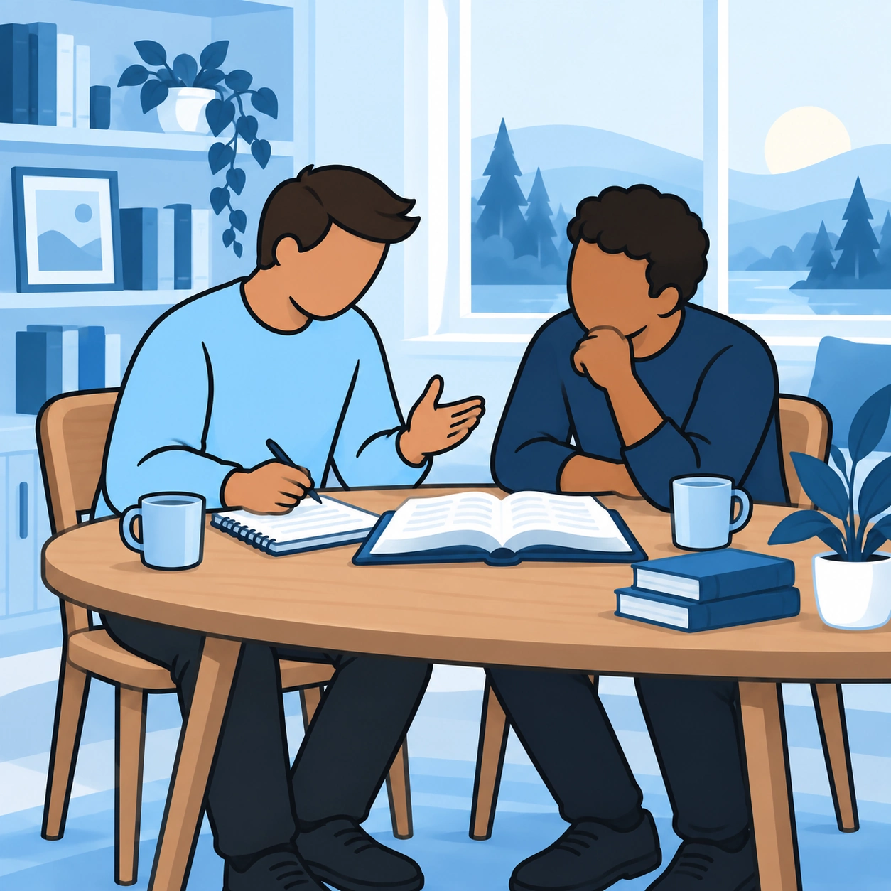 He talks through his notes and an open Bible with a friend.