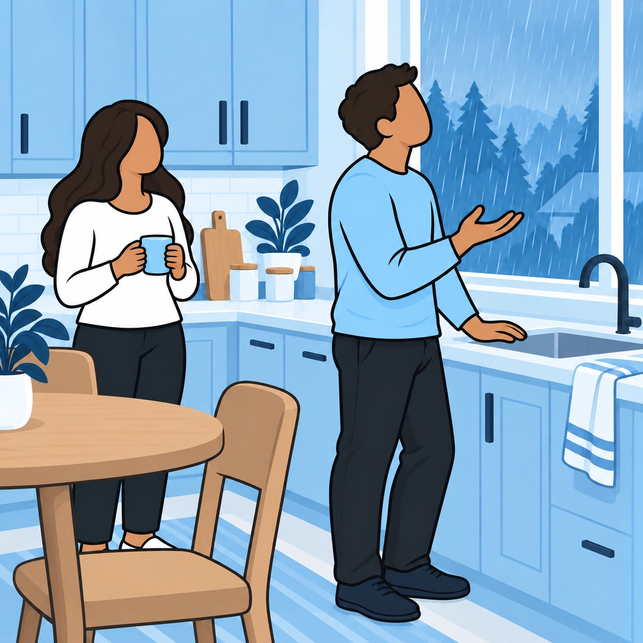 A man raises an open hand toward a rainy kitchen window while a woman listens nearby.