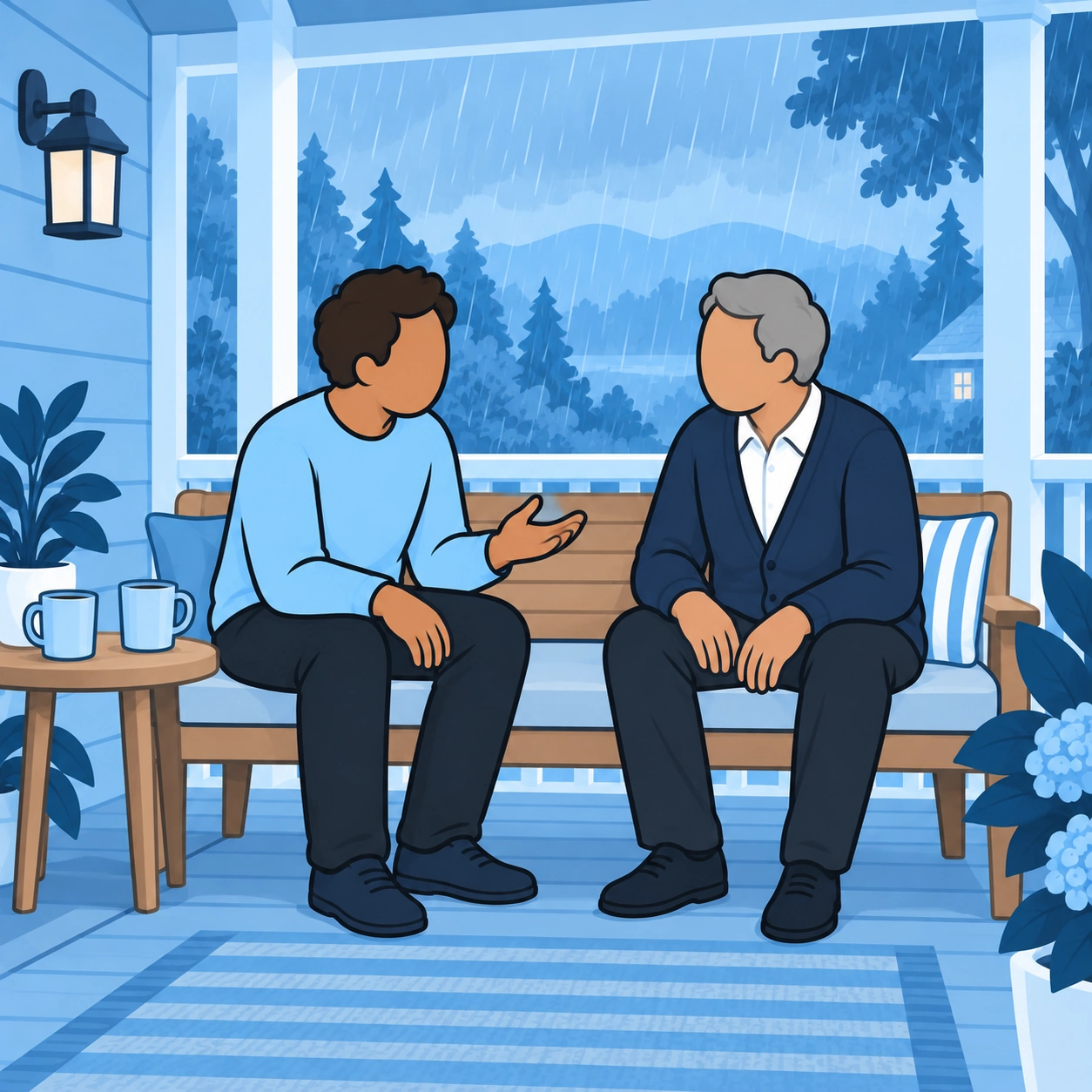 The man shares a difficult question with an older friend on a sheltered porch.