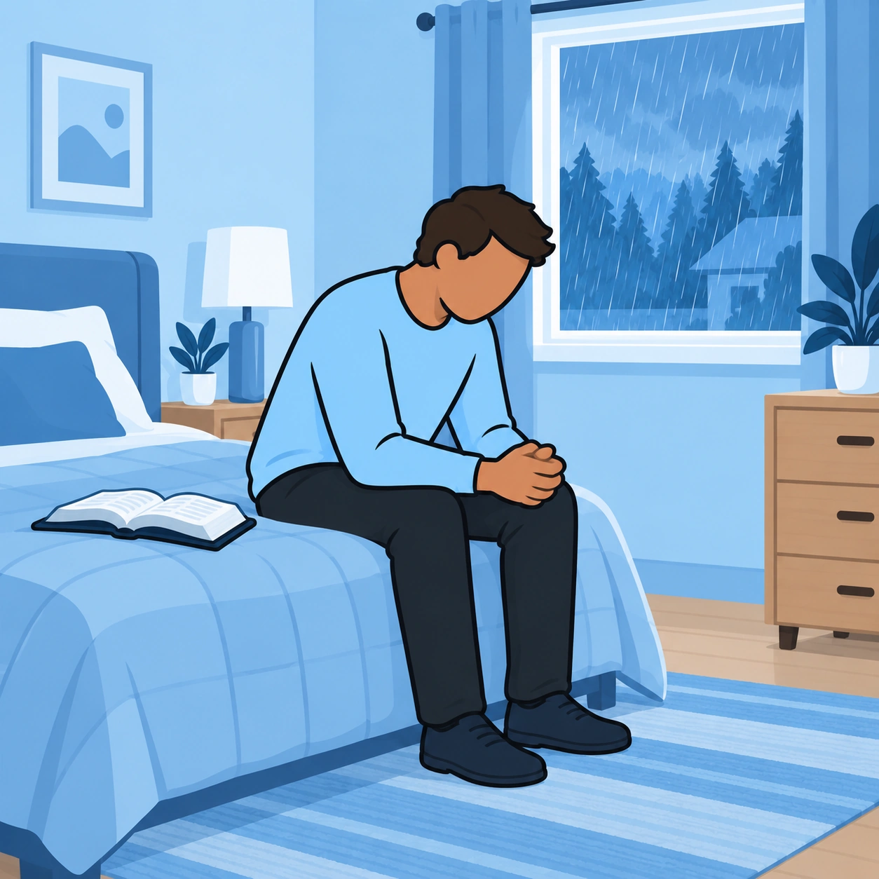 The man sits beside an open Bible and prays quietly at the edge of his bed.