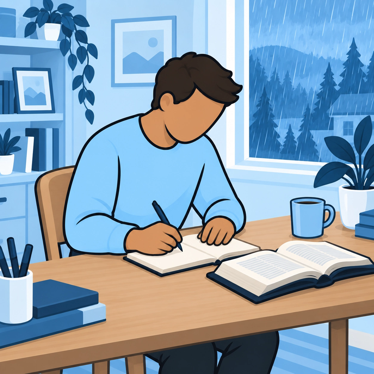 He writes in a notebook beside an open Bible while rain falls outside.