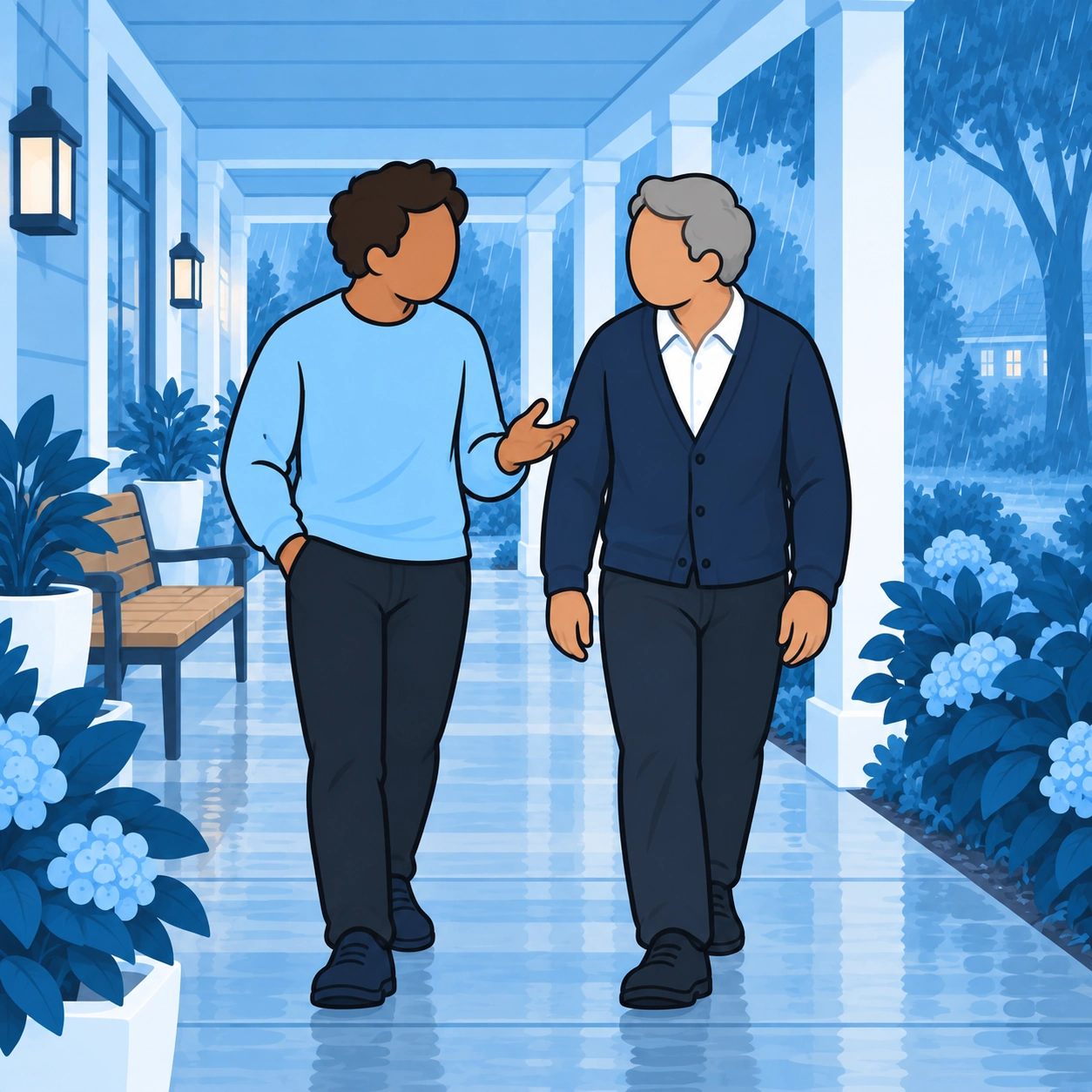 The man and his older friend walk together under a covered walkway while the rain continues.