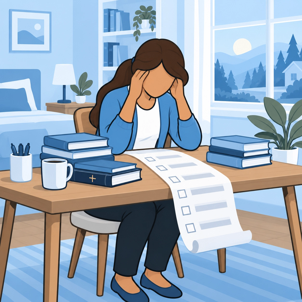 A woman looks overwhelmed by books and a long checklist.