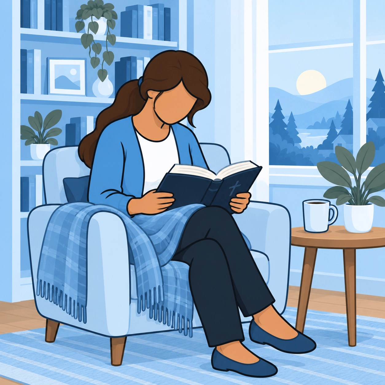 The woman reads a Bible in an armchair beneath a blanket.