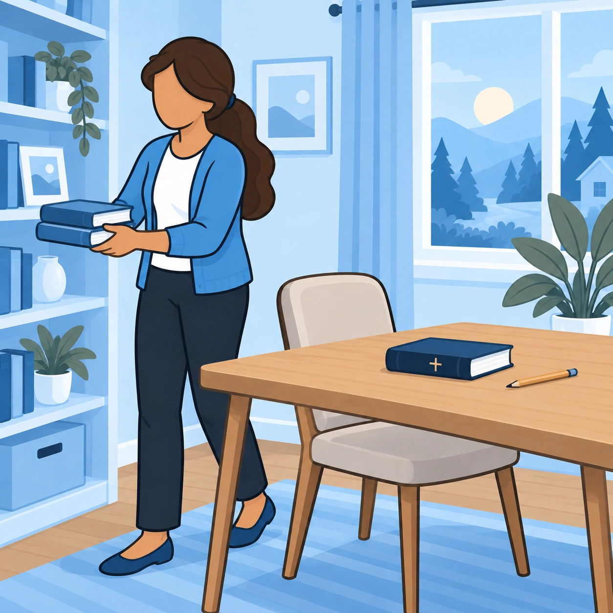 The woman clears extra books from her desk.