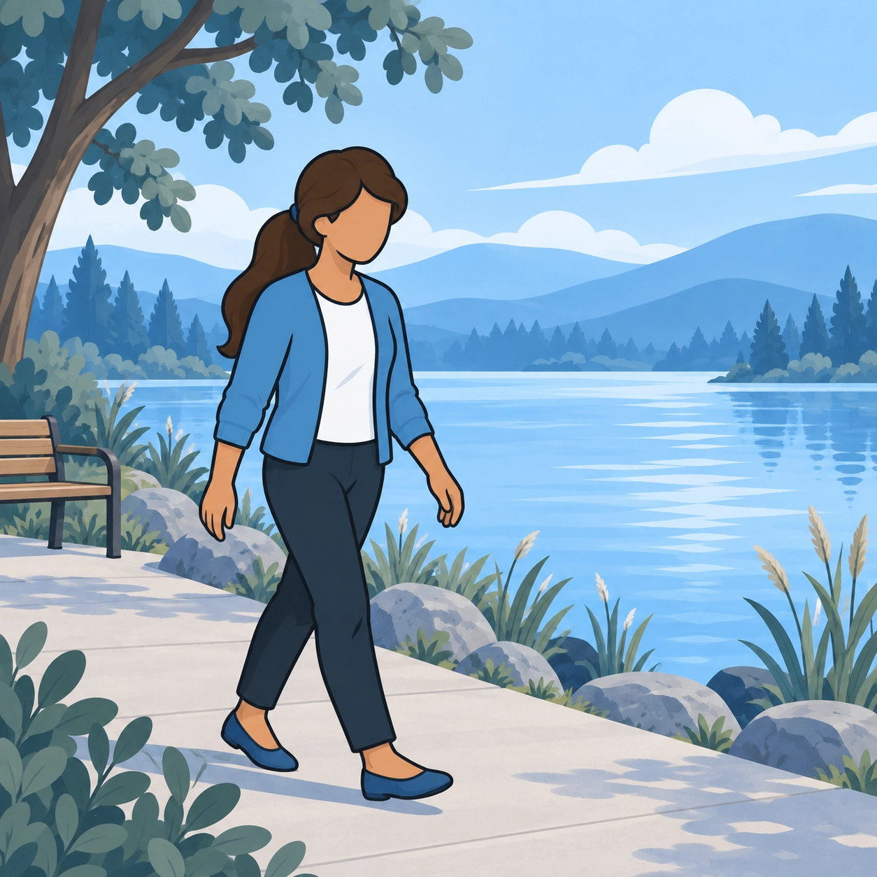 The woman takes a quiet walk beside the water.