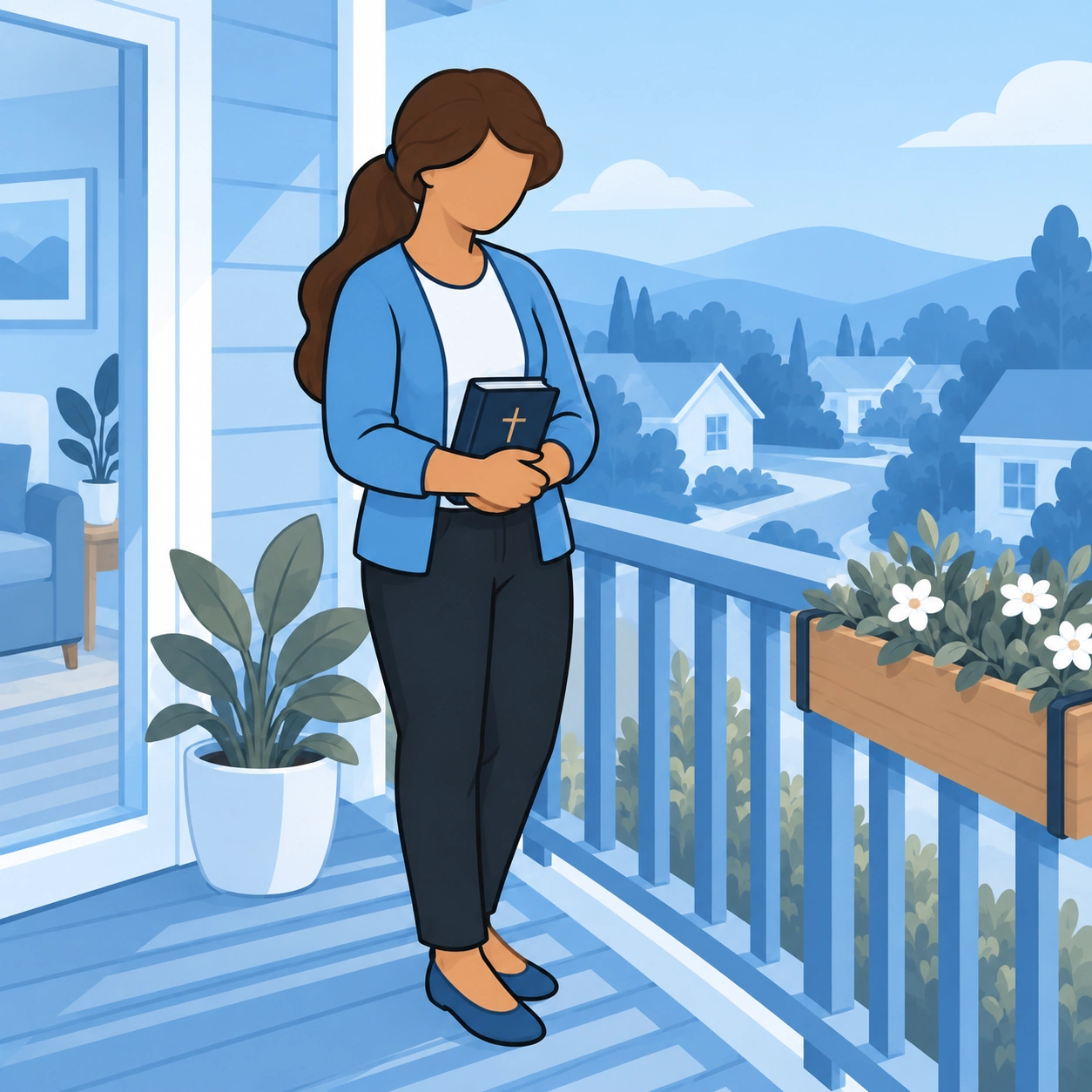 The woman holds a closed Bible beside a balcony flower box.