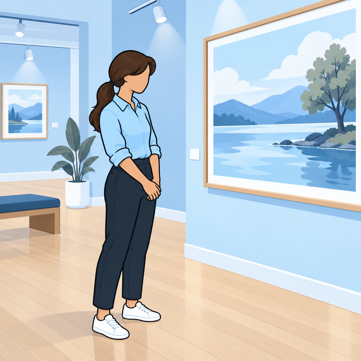 A woman stands uneasily beside her friend's artwork at a gallery.