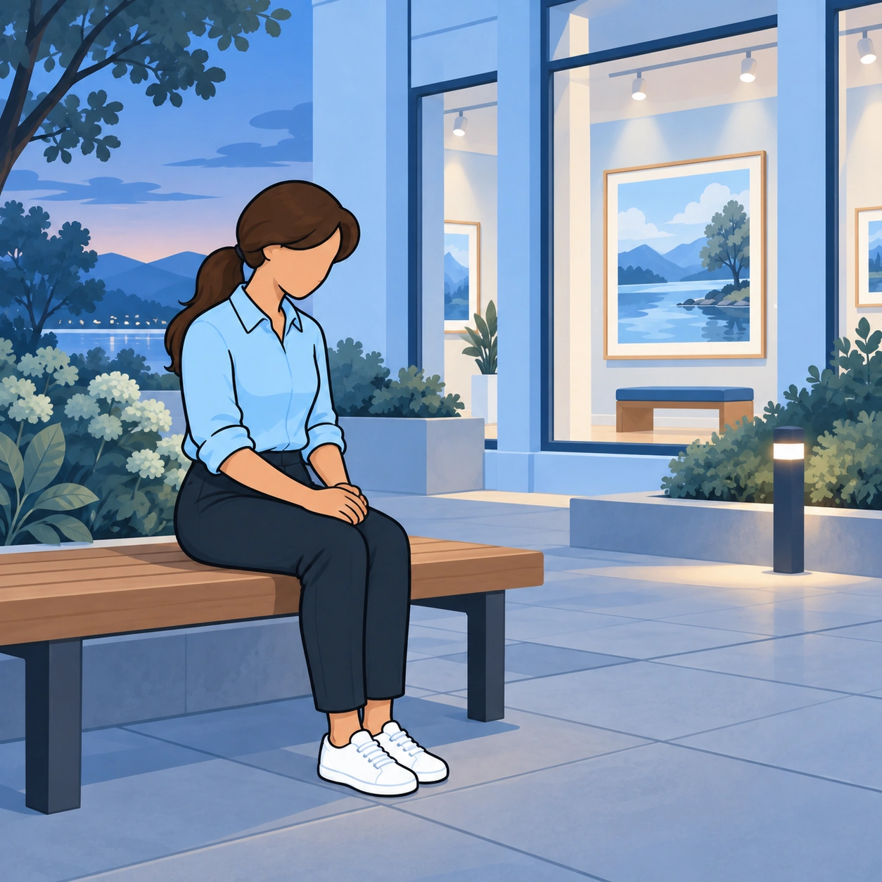 The woman reflects alone on a bench outside the gallery.