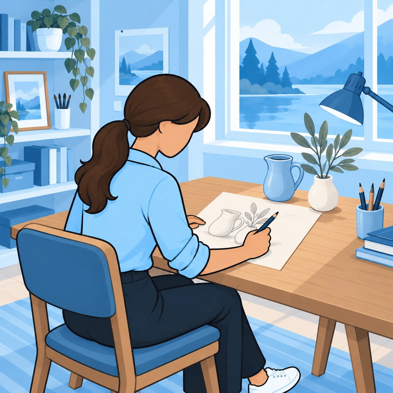 The woman works on her own drawing at home.