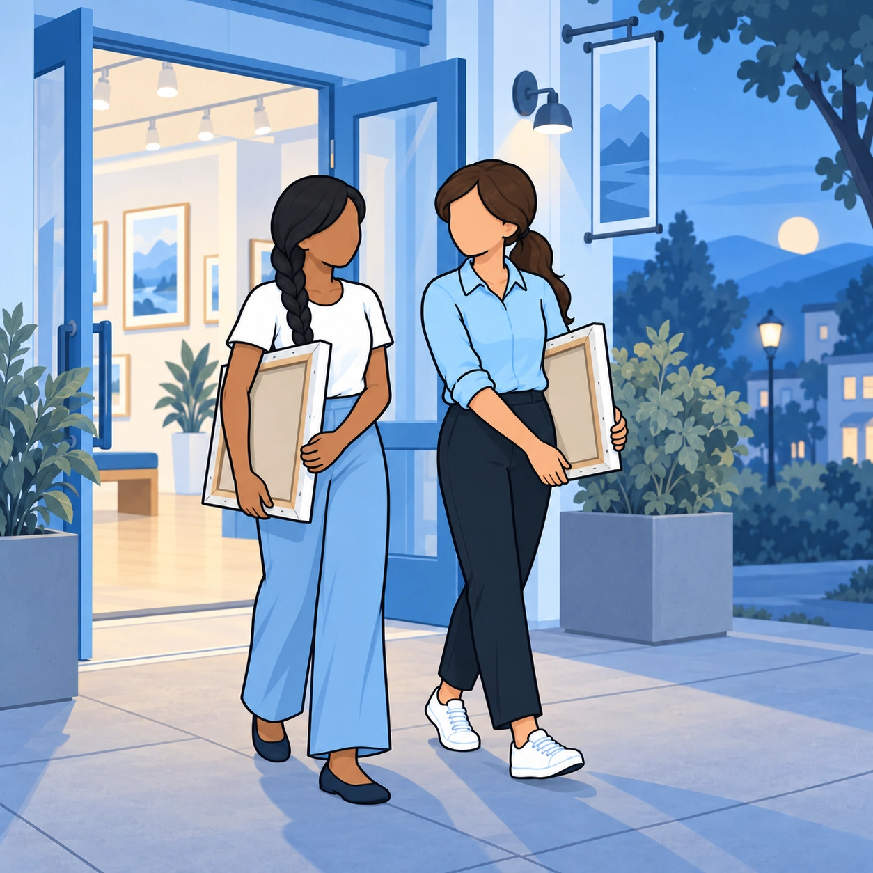 The two friends leave the gallery carrying artwork.
