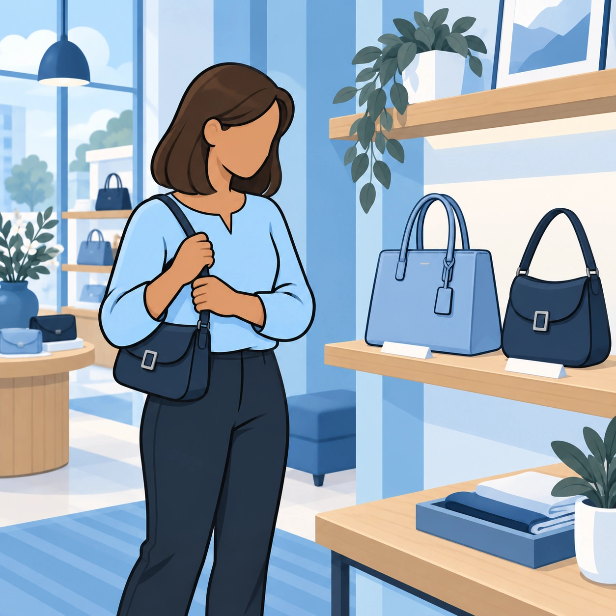 A woman pauses in a shop to consider whether she needs another handbag.