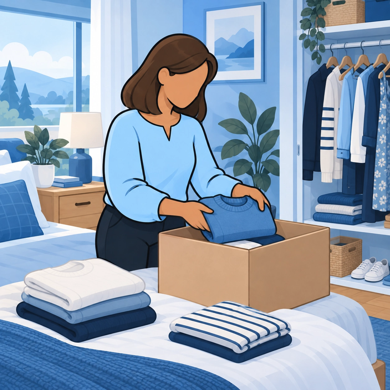 She sorts useful clothing and sets aside a spare sweater.