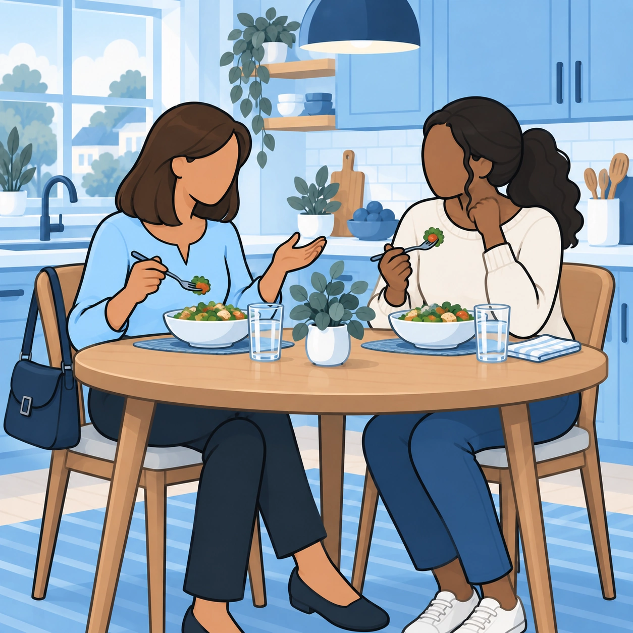 She makes time for a simple meal with a friend.