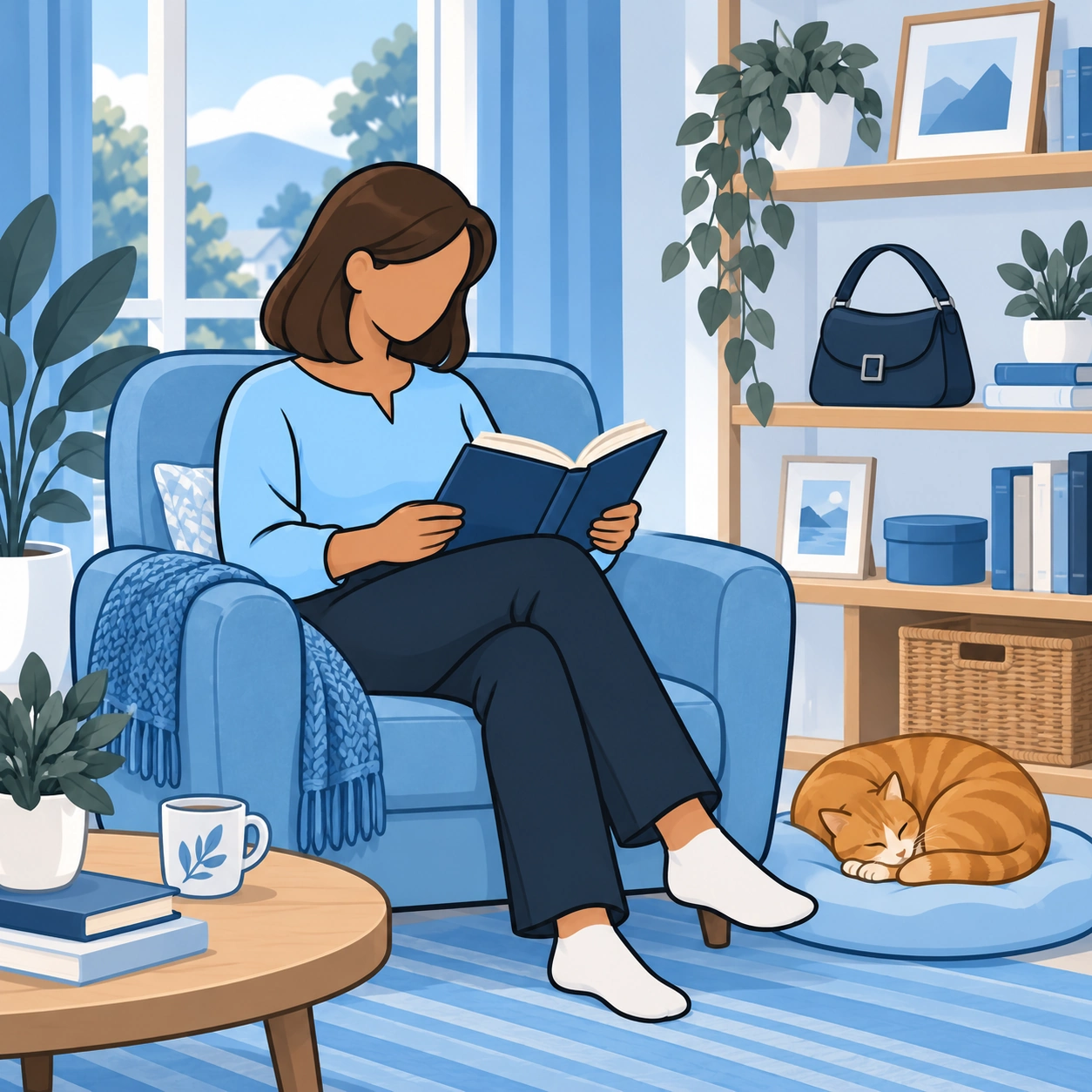 She enjoys a quiet moment reading while her cat rests nearby.