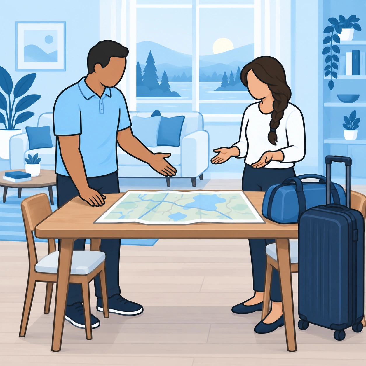 A couple discusses different travel plans over an unfolded map beside their luggage.